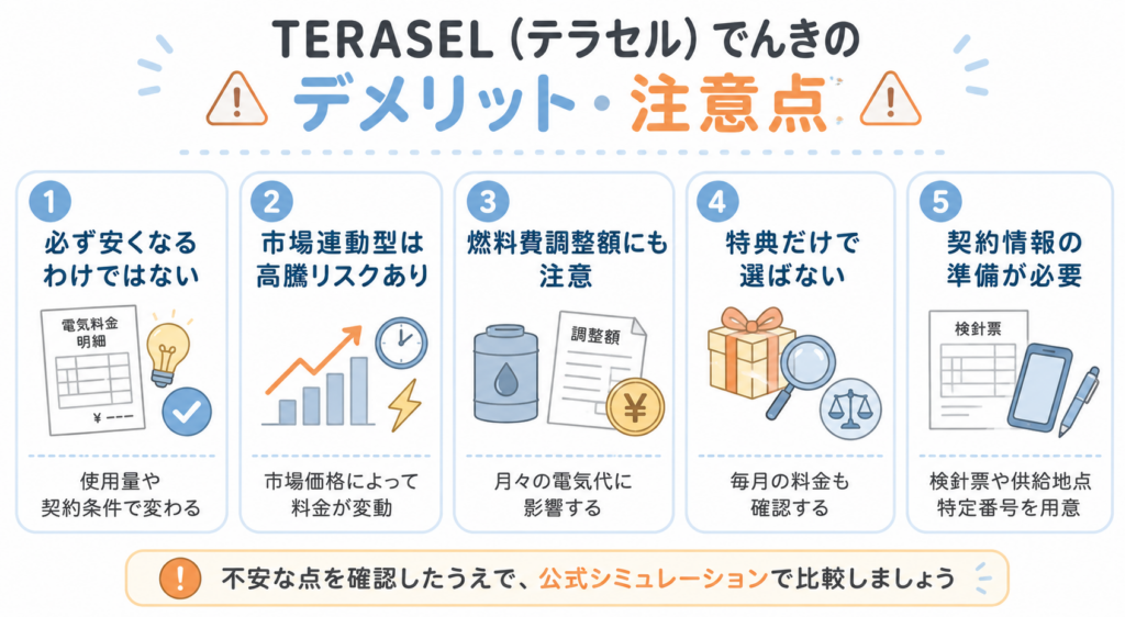 TERASEL（テラセル）でんきのデメリットや申し込み前の注意点を整理した図