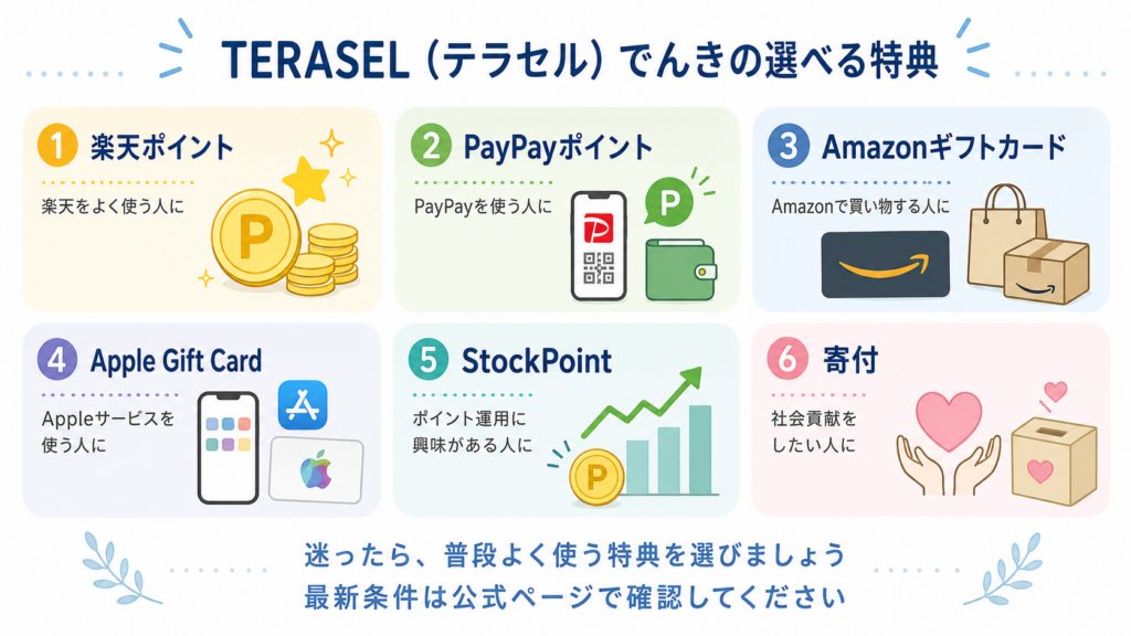 TERASEL（テラセル）でんきで選べる特典6種類を比較した図