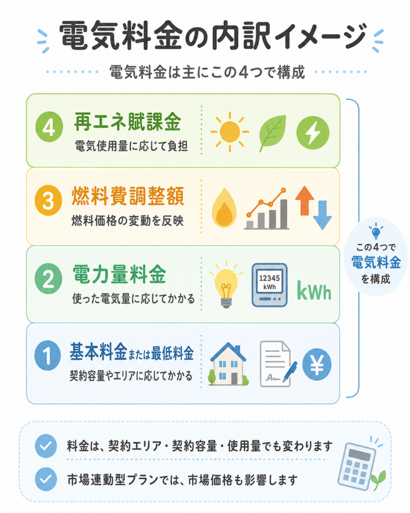 TERASEL（テラセル）でんきの電気料金を基本料金・電力量料金・燃料費調整額・再エネ賦課金に分けて示した図