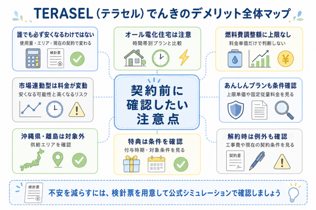 TERASEL（テラセル）でんきのデメリットや契約前に確認したい注意点を一覧で整理した図