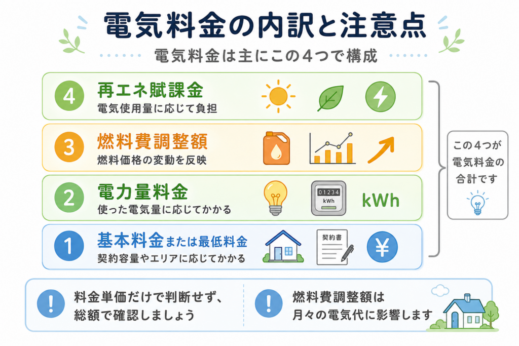 TERASEL（テラセル）でんきの電気料金を基本料金・電力量料金・燃料費調整額・再エネ賦課金に分けて示した図