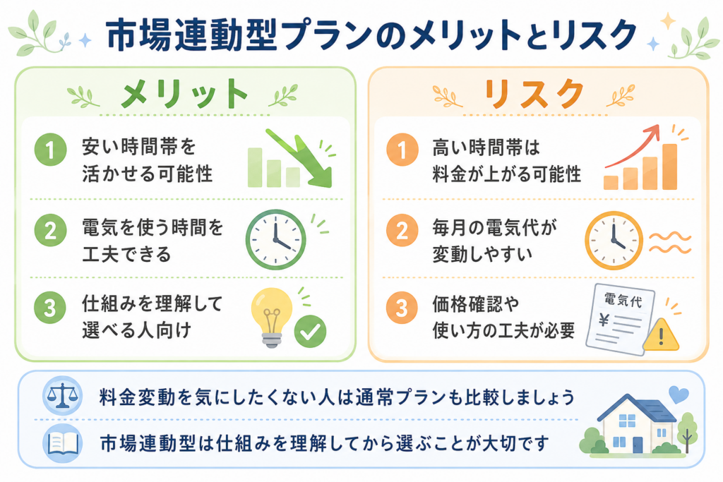 TERASEL（テラセル）でんきの市場連動型プランについて安くなる可能性と料金が上がるリスクを比較した図