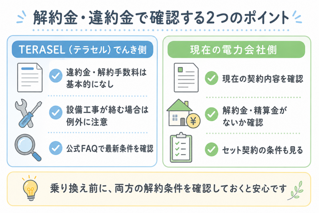 TERASEL（テラセル）でんきの解約金と現在の電力会社側の解約条件を比較して確認する図