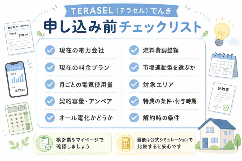 TERASEL（テラセル）でんきに申し込む前に確認したい料金プランや使用量、対象エリア、特典条件などのチェックリスト図