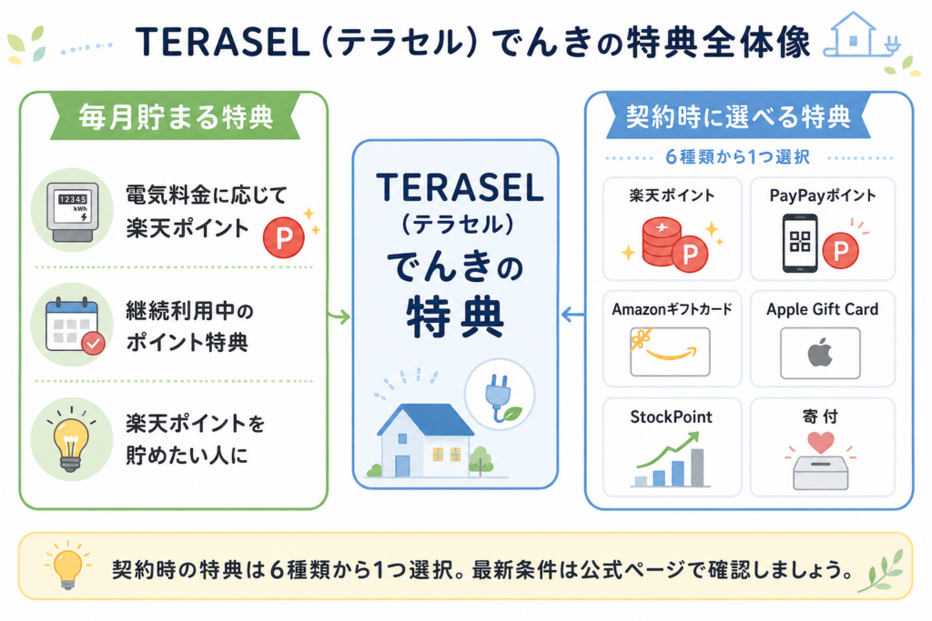 TERASEL（テラセル）でんきの毎月貯まる楽天ポイントと契約時に選べる6種類の特典を整理した図