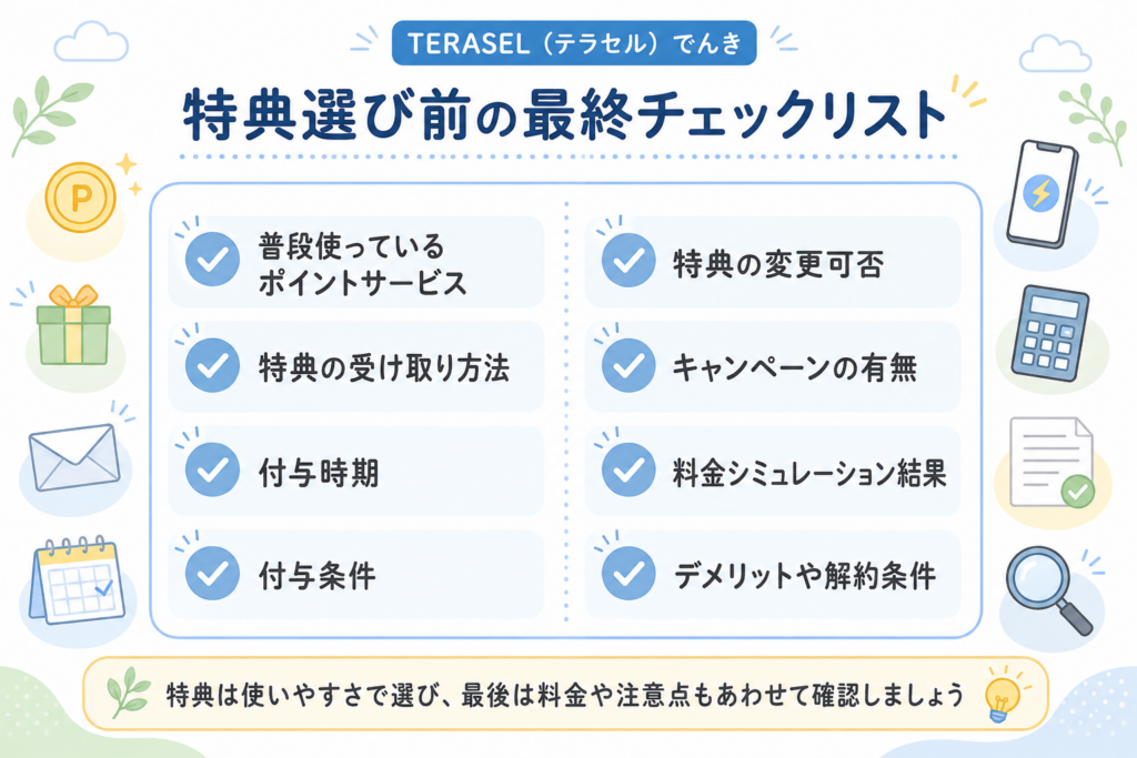 TERASEL（テラセル）でんきの特典を選ぶ前に確認したい受け取り方法や付与条件、料金シミュレーションなどをまとめたチェックリスト図