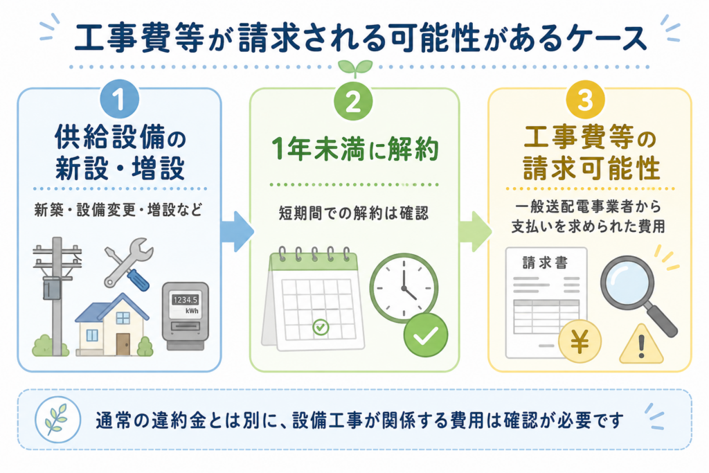 TERASEL（テラセル）でんきで供給設備の新設や増設から1年未満に解約した場合に工事費等の確認が必要な流れを示した図