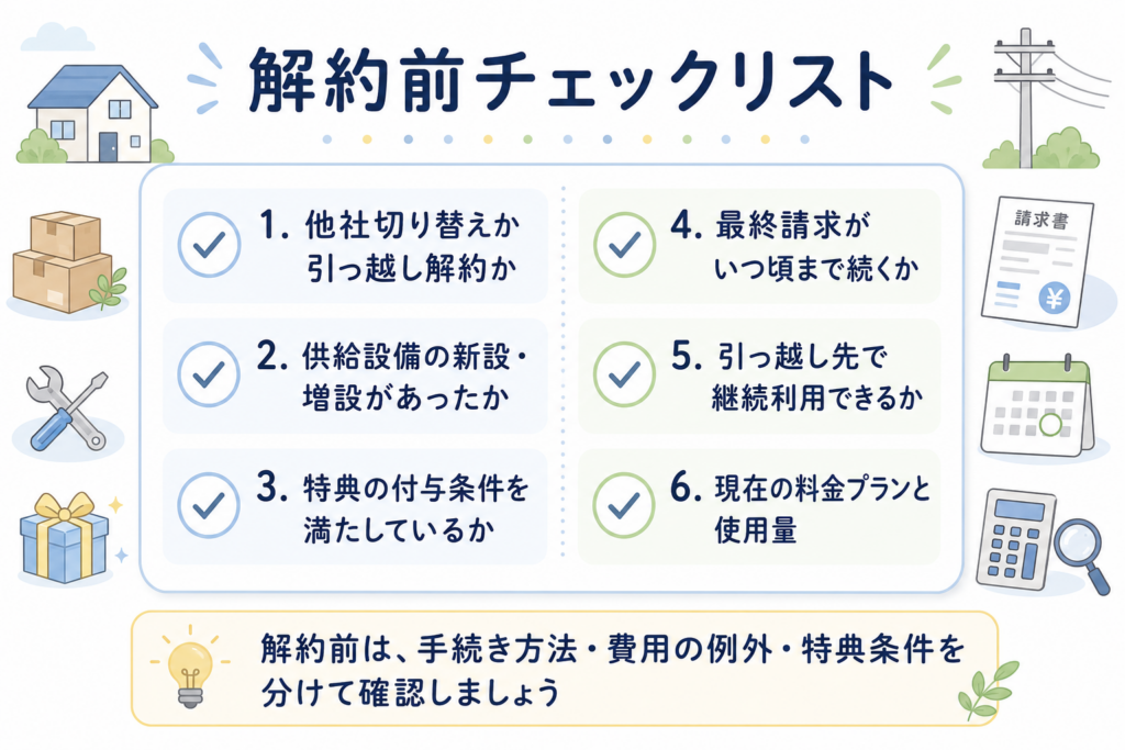 TERASEL（テラセル）でんきの解約前に確認したい他社切り替えや引っ越し解約、工事費、特典条件などのチェックリスト図