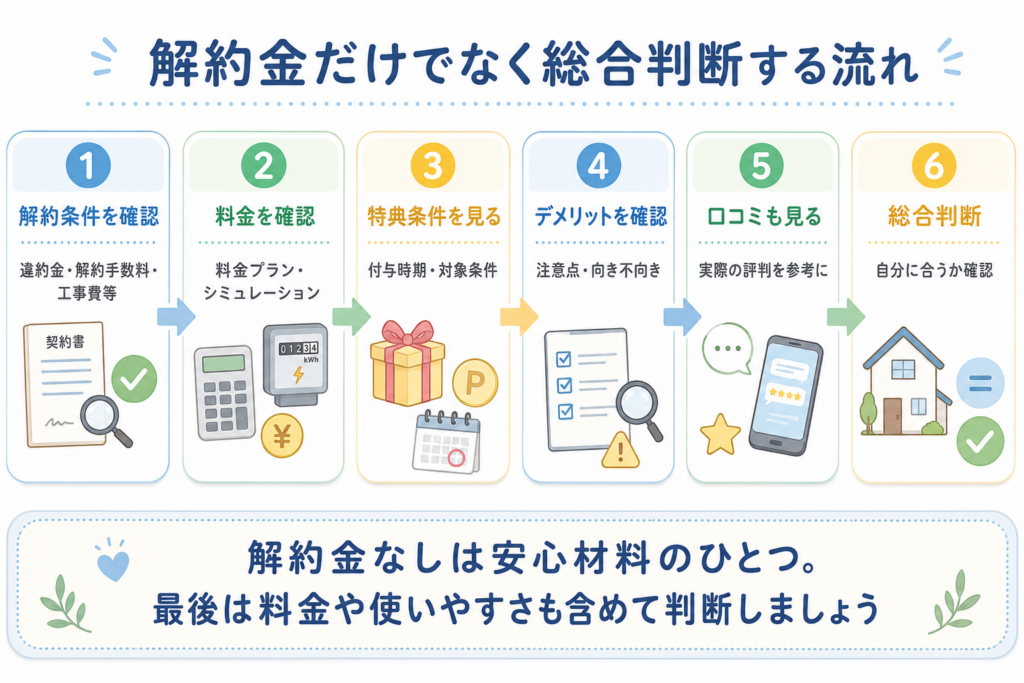 TERASEL（テラセル）でんきの解約条件だけでなく料金プランや特典条件、デメリット、口コミも確認して総合判断する流れを示した図